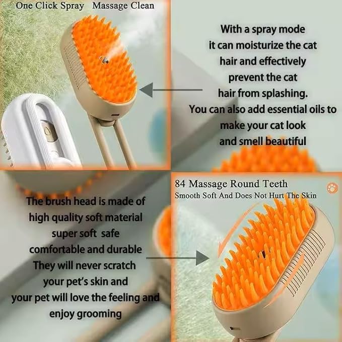 3-in-1 Steam Pet Brush for Cats & Dogs – Self-Cleaning Grooming Comb with Spray Mist, Massage & Shedding, Rechargeable USB, Anti-Static, Foldable Handle (TAN)-PawvioPets