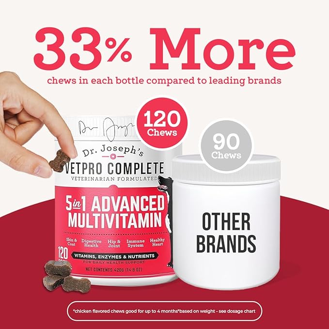 Dr. Joseph's VetPro Complete Multivitamin Dog Supplement, 120 Count (Large Dog 60 Day Supply), 5in1 Chew with Vitamins, Enzymes & Nutrients, Hip & Joint Health, Immune System & Allergy Support-PawvioPets