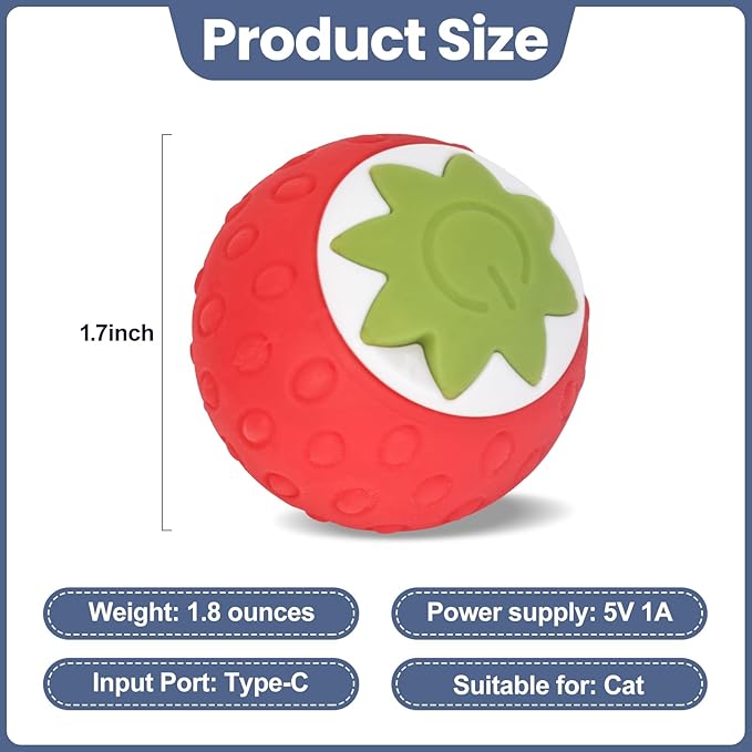 2Pcs Self-Moving Electric Cat Toy Ball with LED - Automatic Interactive Cat Toys for Indoor Cats, Smart Strawberry Design Stimulates Hunting Instincts, Boredom Relief & Exercise for Solo Play-PawvioPets