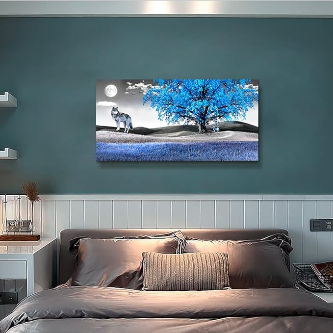 Canvas Wall Art For Living Room Family Wall Decor For Bedroom Modern Office Decorations Blue Tree Wall Pictures Artwork Black And White Scenery Paintings Room Canvas Art Prints Home Decor 20" X 40"-PawvioPets