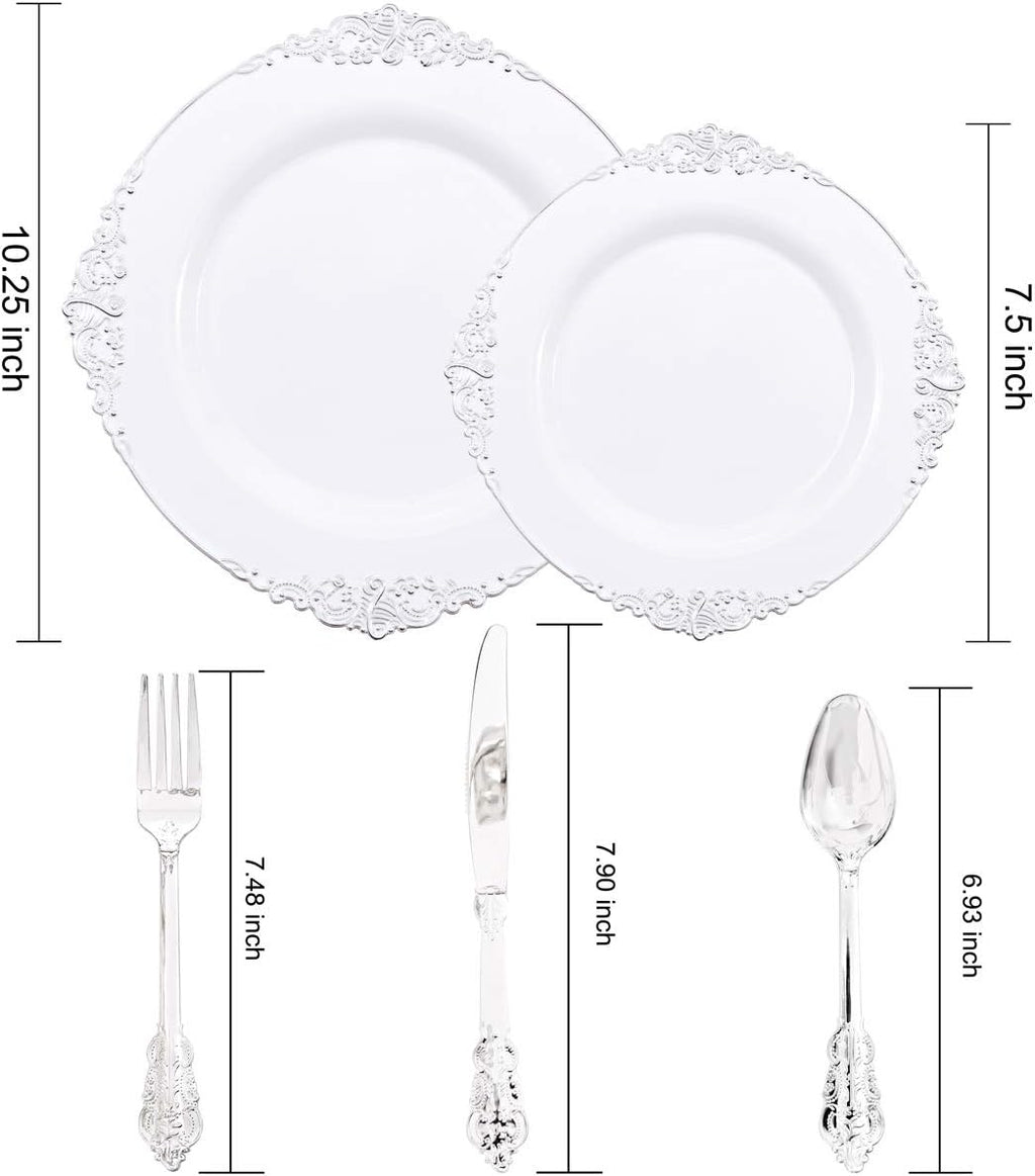 Liacere 150PCS Silver Plastic Plates with Silver Cutlery - Disposable Plastic Plates Include 30Dinner Plate, 30Dessert Plate, 30Knives, 30Spoons, 30Forks - Ideal for Wedding&Christmas