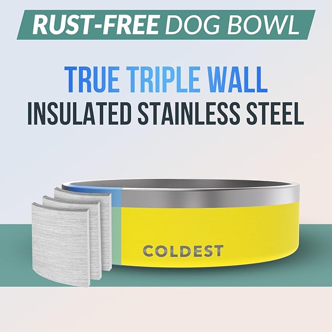 Coldest Dog Bowl - Anti Rust Metal, Non Slip, 3 Layers Insulated Stainless Steel Dog Bowls - Spill Proof & Heavy Duty - Water Bowl for Dogs, Cats & Pets, Dish Washer Safe (42 oz, Solar Yellow)-PawvioPets