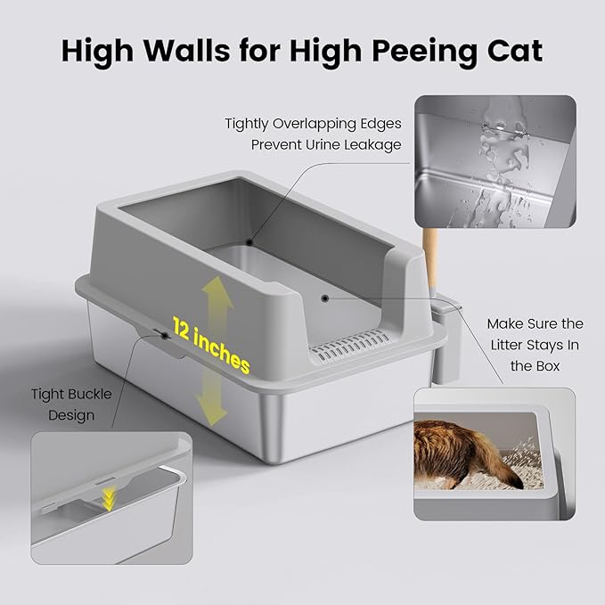 2 Pack Stainless Steel Cat Litter Box - Enclosed XL Metal Kitty Litter Box with Lid for Big Cats, High Sided, Anti-Leakage, Easy Cleaning, Non-Sticky, Included Cat Litter Spoon-PawvioPets
