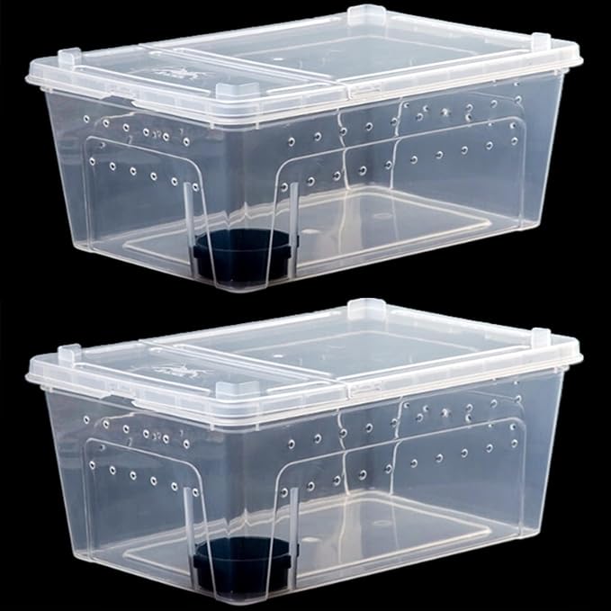 Critter Keeper 2-Pack, Cricket Cage & Reptile Feeding Box 12.59"x8.66"x5.9" Transparent Portable Plastic Snake Habitat Escape-Proof Ventilated Design for Gecko, Tarantula, Scorpion, Spider, Frog-PawvioPets