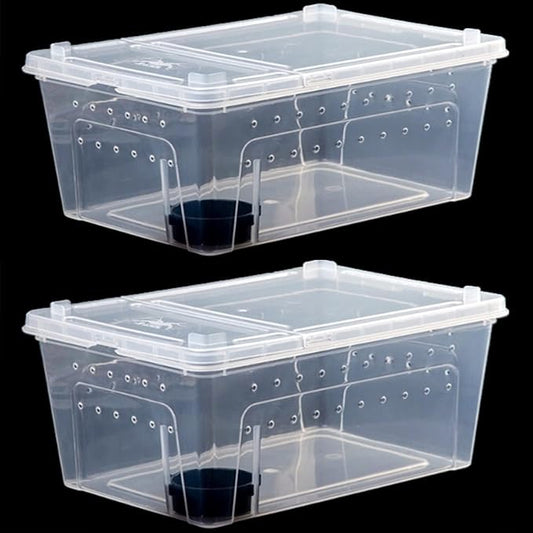 Critter Keeper 2-Pack, Cricket Cage & Reptile Feeding Box 12.59"x8.66"x5.9" Transparent Portable Plastic Snake Habitat Escape-Proof Ventilated Design for Gecko, Tarantula, Scorpion, Spider, Frog-PawvioPets