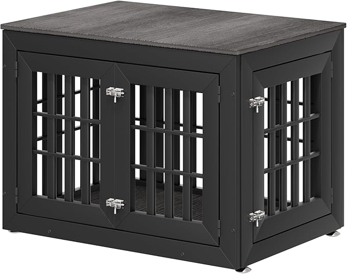 38" Heavy Duty Dog Crate Furniture for Small,Medium and Large Dogs,Rustic Wooden Dog Cage Kennel Indoor Furniture with Waterproof Top,Decorative Pet House Side End Table (Black & Grey)-PawvioPets