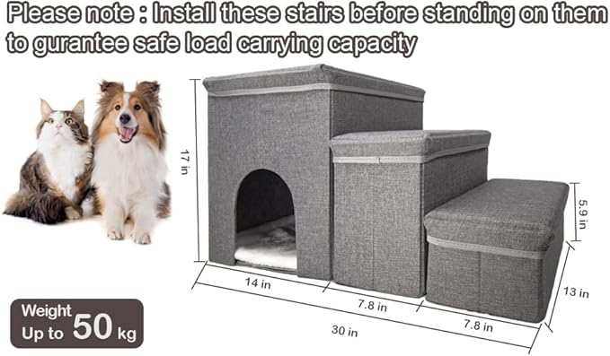 Dog Stairs with Storage Dog Steps for High Beds 3-Step Pet Stairs Ramp with Storage Box and Condo for Small Dogs Cats Pets-PawvioPets
