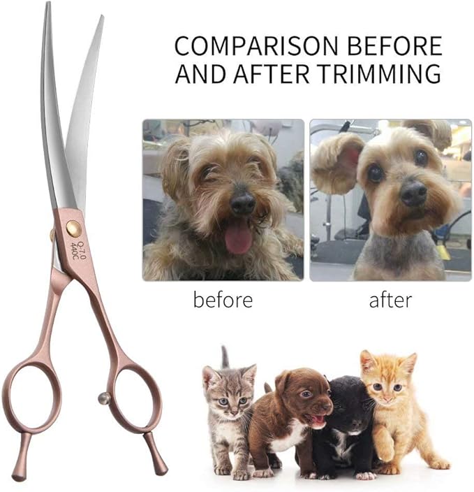 Fenice Peak Professional Curved Dog Grooming Scissors 7'' Rose Gold 440C Stainless Steel Pet Cutting Shears Safety Trimming Shearing for Dogs Cats-PawvioPets