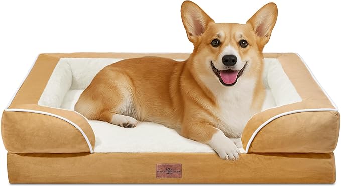 Comfort Expression Medium Dog Beds Waterproof Orthopedic Foam Dog Sofa Beds for Medium Large Dogs Comfy Pet Bed with Washable Removable Cover & Non-Slip Bottom(Medium,Khaki)-PawvioPets