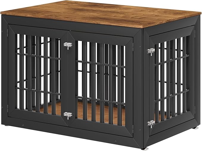 48" Heavy Duty Dog Crate Furniture for Small,Medium and Large Dogs,Rustic Wooden Dog Cage Kennel Indoor Furniture with Waterproof Top,Decorative Pet House Side End Table (Black & Wood)-PawvioPets
