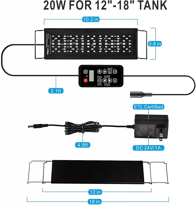 Advanced 7-Row LED Aquarium Light, Easy Setup Controller, Auto On Off Full Spectrum Fish Tank Light, 24/7 Lighting Cycle, 8 Colors, 10 Level Dimming, 20W for 12"-18" Freshwater Planted Tank-PawvioPets