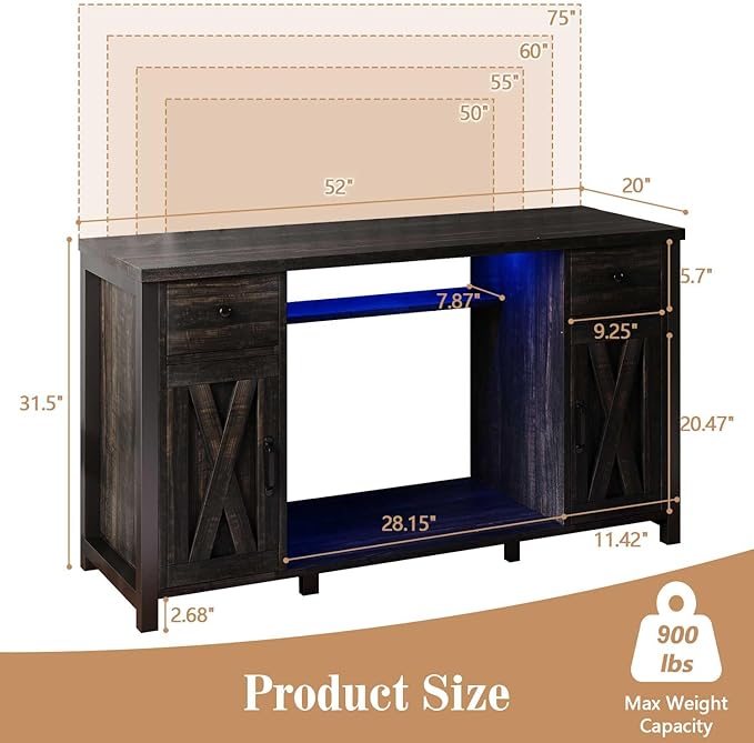 75 Gallon Fish Tank Stand with LED Light & Power Outlets, 55-75 Gallon Heavy Duty Metal Aquarium Stand with Drawers & Barn Doors, Cabinet for 2 Fish Tank Accessories Storage, Dark Oak-PawvioPets