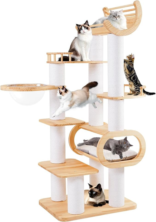 74.8" Modern Cat Tree for Indoor Cats, Tall Wood Cat Tower with Scratching Post, Heavy Duty Luxury Condo with Removable Mats, Multi-Level Cat Furniture for Cats-PawvioPets