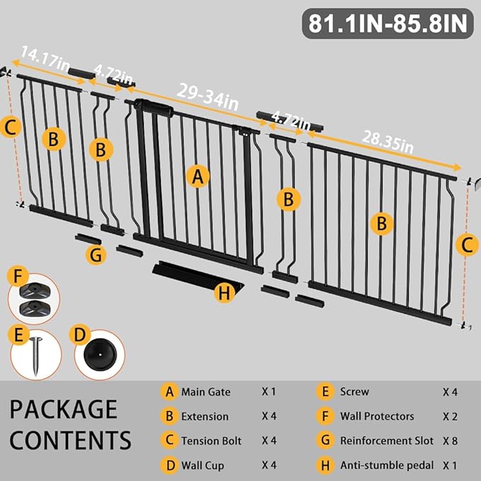 Fairy Baby Extra Wide Baby Gate 81.1-85.8 Inch Wide, Walk Through Pressure Mounted No Drill, Long and Large Tension Dog Gate for Pet and Kids-PawvioPets