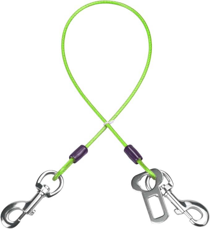 Dog Seat Belt Harness for Car,Dog Seatbelt of Coated Wire Leash Safety Restraint,No Chew Tether Cable Vehicle,Double Clips & Latch(Green, 16 inch/40 CM)-PawvioPets