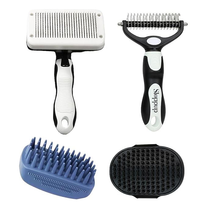 Dog Brush Kit for Grooming Short & Long Haired Dogs & Cats, 4-in-1 Pet Grooming Set with Self-Cleaning Slicker Brush, Deshedding Tool, Shampoo Bath Comb, Massge Comb (White Black)-PawvioPets