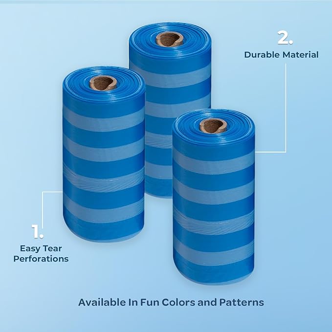 Best Pet Supplies Dog Poop Bags (240 Bags) for Waste Refuse Cleanup, Doggy Roll Replacements for Outdoor Puppy Walking and Travel, Leak Proof and Tear Resistant, Thick Plastic - Blue Strips-PawvioPets