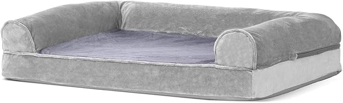 Furhaven Orthopedic Dog Bed for Medium/Small Dogs w/ Removable Bolsters & Washable Cover, For Dogs Up to 35 lbs - Faux Fur & Velvet Sofa - Smoke Gray, Medium-PawvioPets