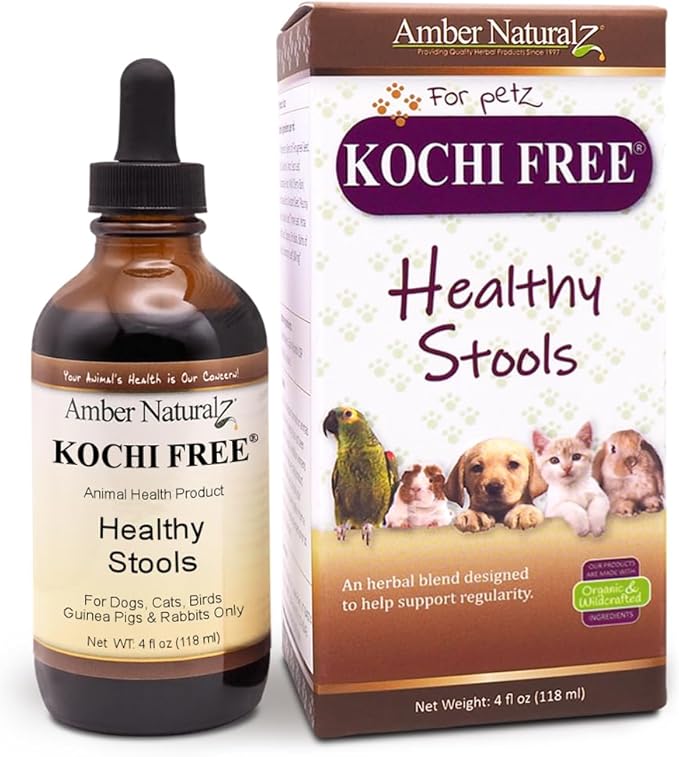 Amber NaturalZ Kochi Free Herbal Supplement for Dogs, Cats, Birds, Rabbits, and Guinea Pigs | Supports Healthy Bowel Function | Natural Aid for Digestive Balance | 4 Fluid Ounce Glass Bottle-PawvioPets