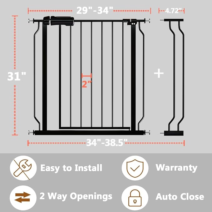 Fairy Baby Walk Through Baby Gate 34-38.5 Inch Wide, Pressure Mounted Safety Gate with Door No Drill, Tension Metal Gate for Dog and Toddler, Black-PawvioPets