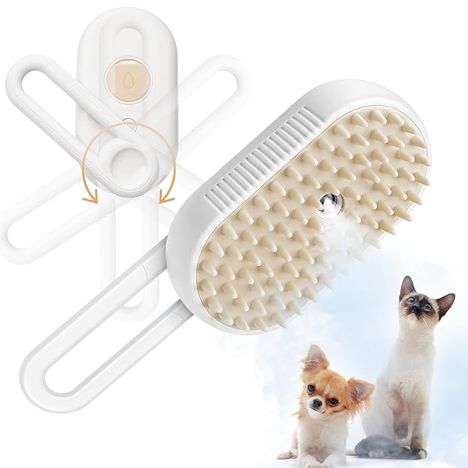 GKZ Cat Steam Brush, 3 in 1 Pet Comb for Massage, Cleaning, Shedding and Combing, Electric Mist to Prevent Flyaways for Home, Dogs and Cat Lovers - White-PawvioPets