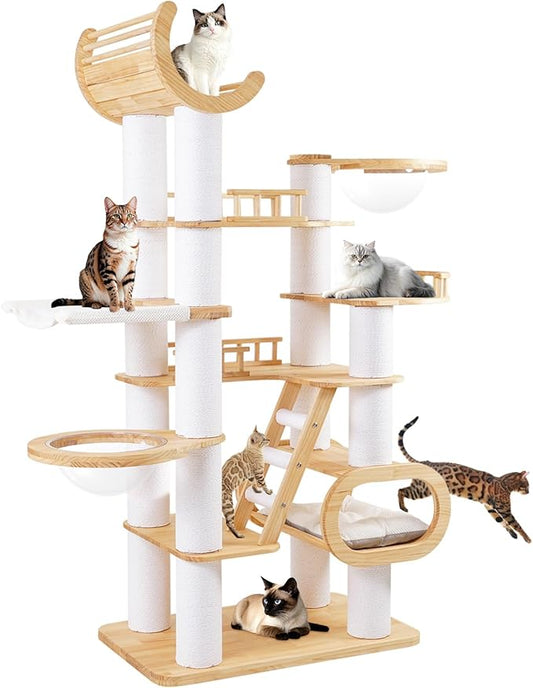 82.7'' Large Cat Tree, Modern Cat Tower with Scratching Post, Luxury Cat House, Wood Cat Tree for Indoor Cats Large Adult, Multi-Level Activity Center with Hammock, Clear Bowl, Semi-Closed Condo-PawvioPets