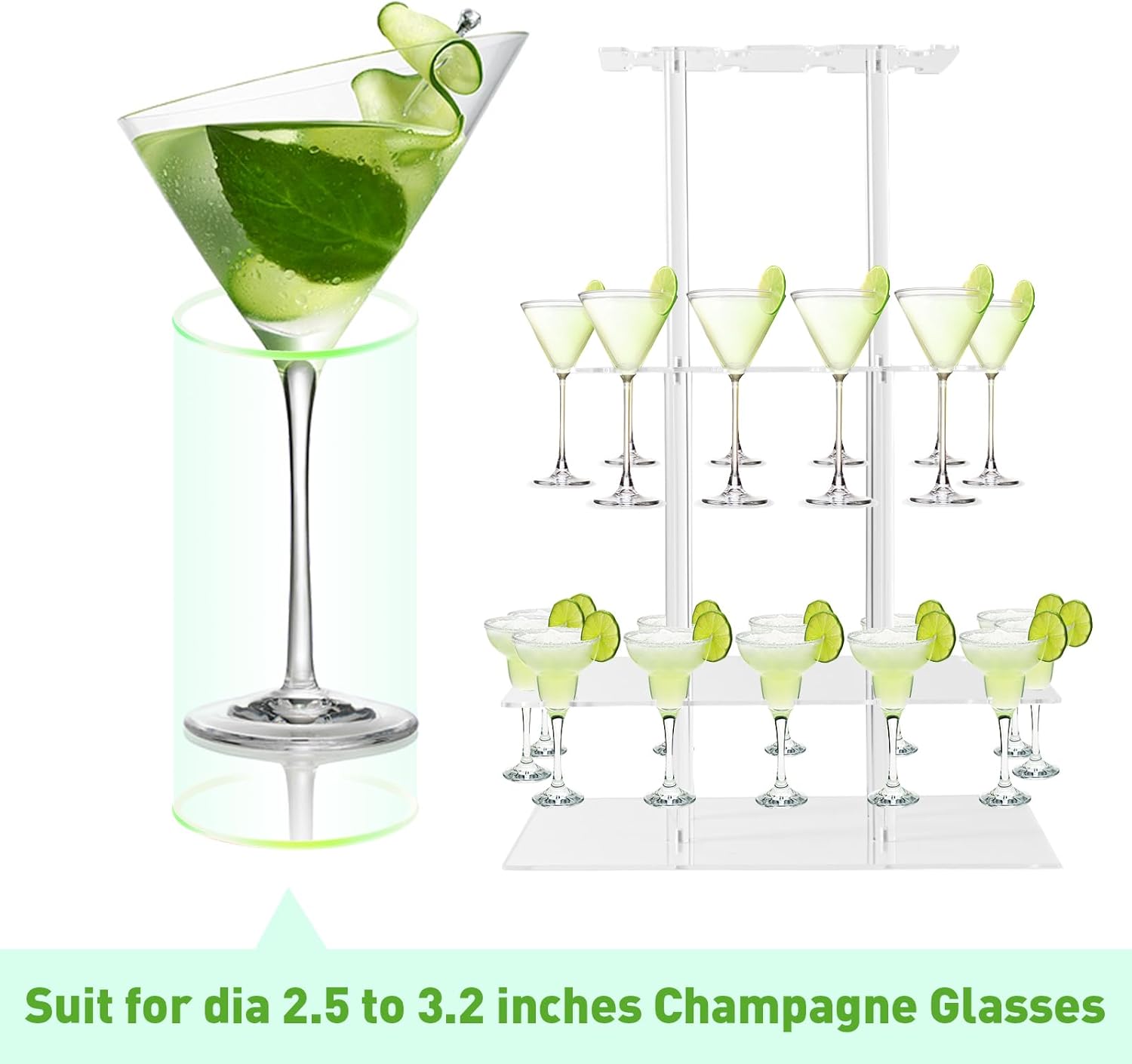 Champagne Tower, Rectangle Acrylic Champagne Display Rack Stand with 32 Slots, 3 Tier Floating Sight Champagne Flute Holder for Party, Wedding, School, Celebration, 17.3x11.8x25.5inch