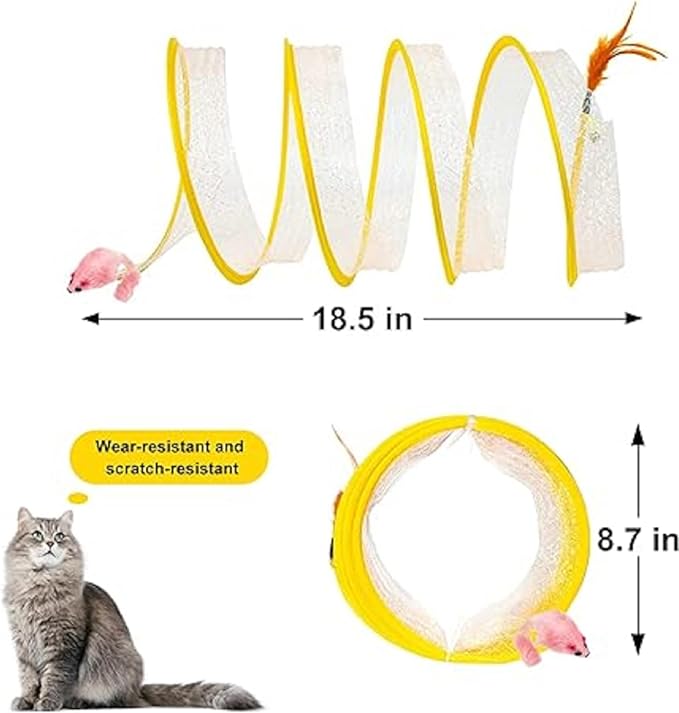 2Pcs Folded Cat Tunnel Toy for Indoor Cats,Collapsible Pet Spring Cat Toys with Feather Mouse Upgrade Interactive Toy Playing Tent for Puppy Kitten Accessories Home Self-Happy Cat Toys (Yellow)-PawvioPets