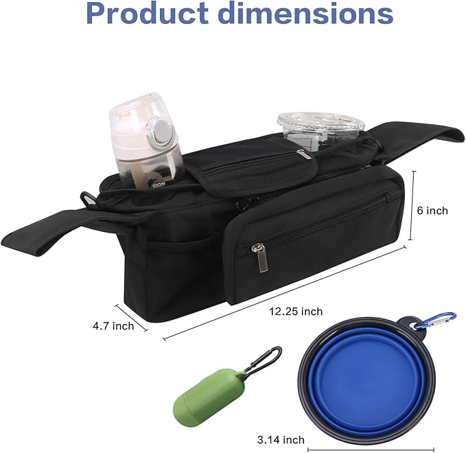Dog Stroller Bag with Shoulder Strap, Universal Dog Stroller Caddy Organizer with Poop Bag Dispenser, Water Bowl, Insulated Cup Holders and Treat Pocket-PawvioPets