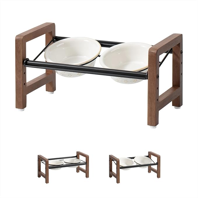 6.3inch Ceramic Adjustable Raised Double Bowls Set with Stand, 3 Heights Elevated, 2 Placement Options,Food and Water Bowls for Adult Cat Small and Medium Dog(Reactived Glaze -White)-PawvioPets