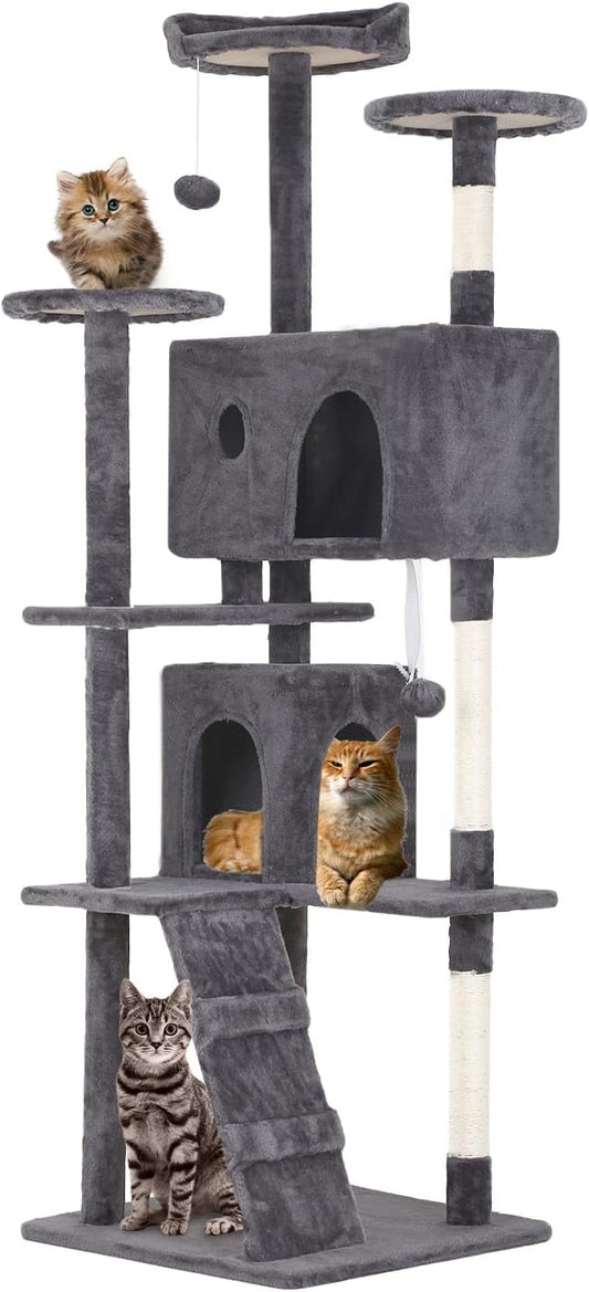70 inches Cat Tower for Indoor Cats Multi-Level Cat Condos for XL Cat Tree Cat Climbing Tower with Scratching Posts, Hanging Toys,Light Gray-PawvioPets
