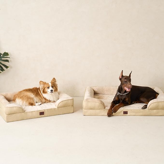EHEYCIGA Orthopedic Dog Beds for Extra Large Dogs, Waterproof Memory Foam XL Pet Bed with Sides, Non-Slip Bottom and Egg-Crate Foam Big Dog Couch Bed with Washable Removable Cover, Greige-PawvioPets