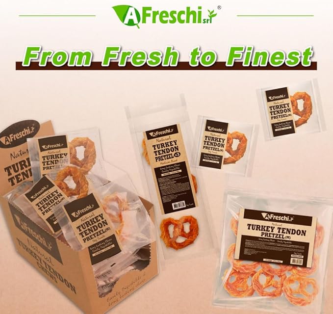 Afreschi Natural Turkey Tendon Pretzel (M) Pack of 2, Dog Treats for Signature Series, All Natural Human Grade Dog Chew, USA-Sourced Turkey Tendon, Hypoallergenic, Rawhide Alternative-PawvioPets