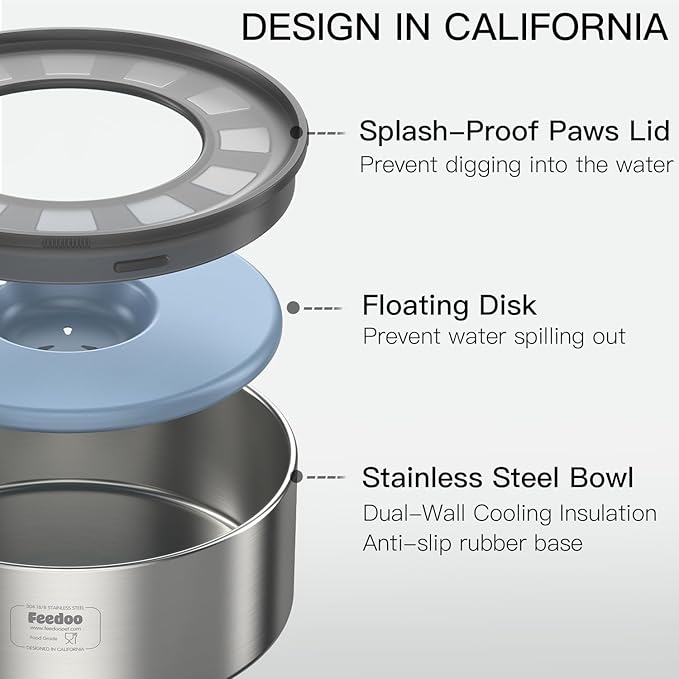 1Gallon No Spill Water Bowl for Dogs, Double-Wall Stainless Steel with Splash-Proof Paws Lid and Floating Disk, Non-Slip Base, Easy to Clean Slow Water Feeder for Large Medium Dogs-PawvioPets