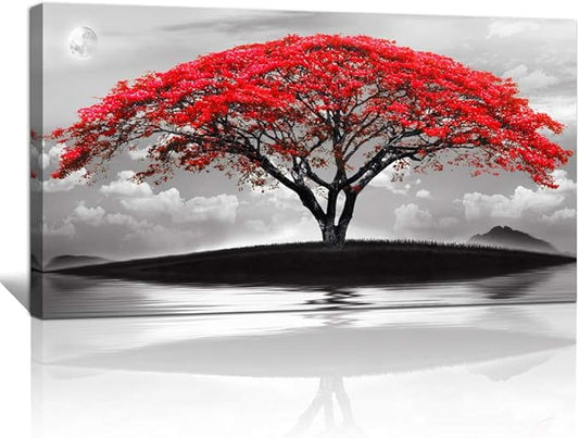 canvas wall art for living room bathroom Wall Decor Black and white landscape red tree moon scenery Hang painting Home Decorations for office bedroom kitchen Works canvas Prints pictures 20" x 40"inch-PawvioPets
