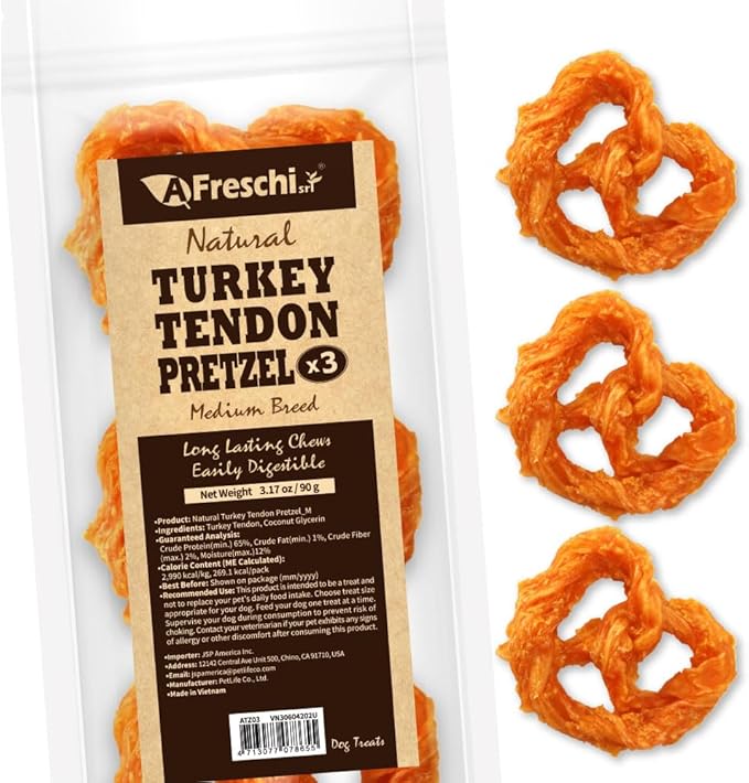 Afreschi Turkey Tendon Pretze (M) 3.17 oz, USA-Sourced Turkey Tendon, All Natural Human Grade Dog Chew, Hypoallergenic, Rawhide Alternative, Dog Treats for Medium Breeds-PawvioPets