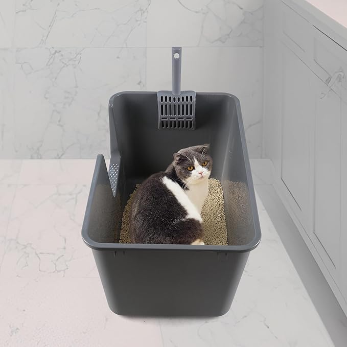 4 Packs Large Cat Litter Box with High Sides, Grey Open Top Cat Litter Basin-PawvioPets