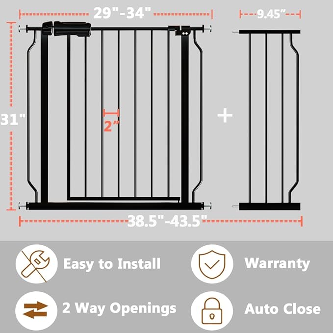 Fairy Baby Walk Through Baby Gate 38.5-43.5 Inch Wide, Pressure Mounted Safety Gate with Door No Drill, Black Tension Metal Gate for Dog and Toddler-PawvioPets