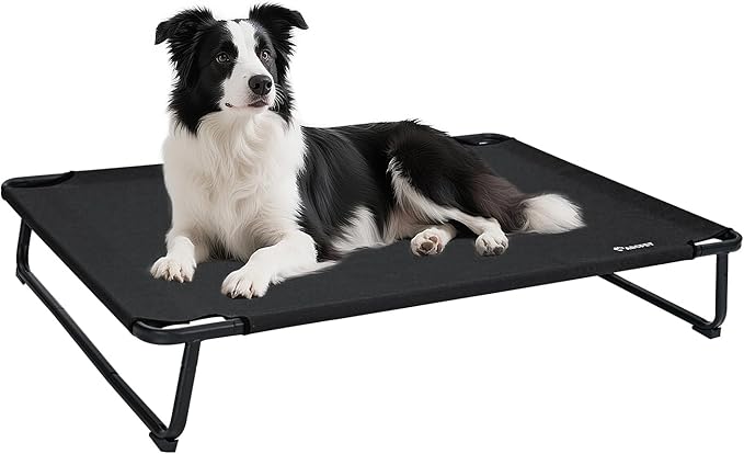 Cooling Elevated Dog Bed, Raised Outdoor Dog Bed Waterproof Pet Beds Cots Stable and Easy Assembly, Teslin Fabric with 1.2mm Thick Iron Frame, Breathable, Ultra-Sturdy，Black, 42 * 28 * 7.9-PawvioPets