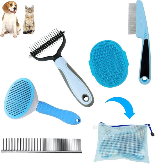 Dog Brush Grooming Kit 5PCS - Dog Brushes for Grooming, Dog Brush for Shedding,Puppy Brush and Flea Comb for Dogs, Slicker Brush Comb and Dog Hair Brush Set Blue-PawvioPets