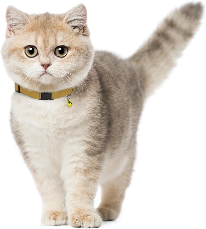 Breakaway Cat Collar Leather with Removable Bell - 13 Colors Available - Soft Adjustable Girl Boy Safety Lightweight Pet Kitten Collars Pink Brown Blue Green Red Orange Black (Mustard)-PawvioPets
