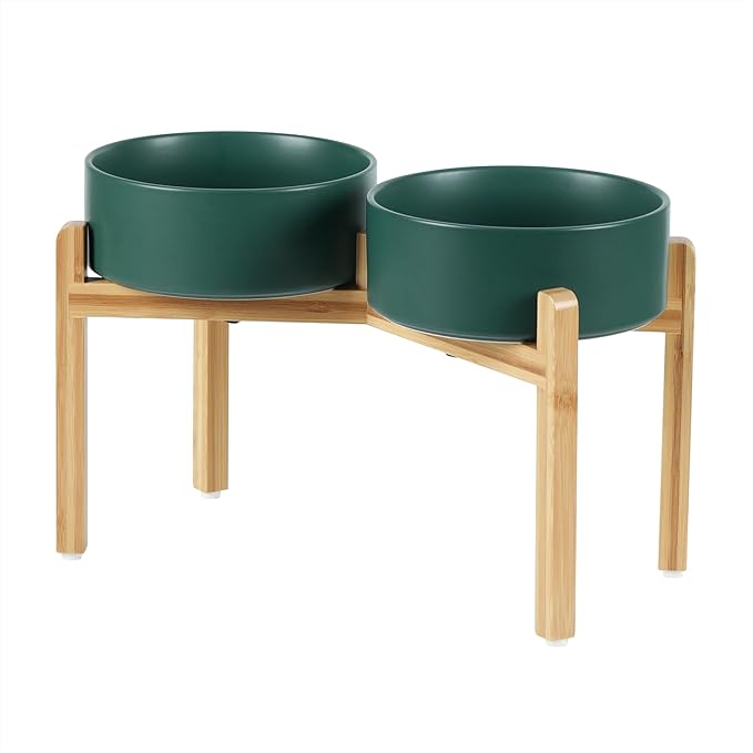 Ceramic Raised Double Bowls Set with Stand, Food & Water Bowls for Large Breed Dogs, Weighted Dog Dishes, Pet Bowl(8.2'',60OZ, Green)-PawvioPets