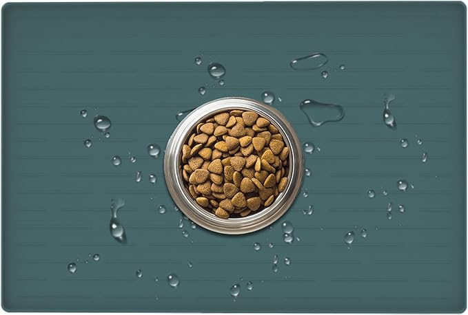 24" x 16" Dog Food Mat, Silicone Pet Mats for Food and Water, Nonslip Pet Feeding Mats for Floors, Dog Cat Bowl Mat with Raised Edges, Dark Green-PawvioPets