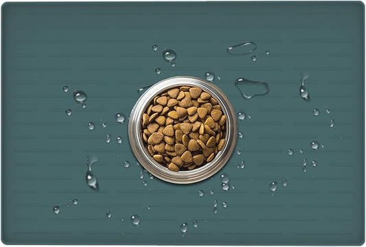 24" x 16" Dog Food Mat, Silicone Pet Mats for Food and Water, Nonslip Pet Feeding Mats for Floors, Dog Cat Bowl Mat with Raised Edges, Dark Green-PawvioPets