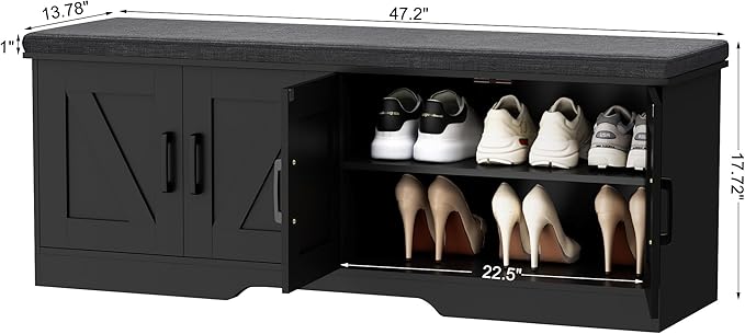 2-Tier Storage Bench, Shoe Bench with Padded Seat Cushion, Entryway Bench with 4 Barn Doors, Adjustable Shelf, 13.8" D x 47.2" W x 17.7" H, for Entryway, Living Room, Bedroom, Black-PawvioPets