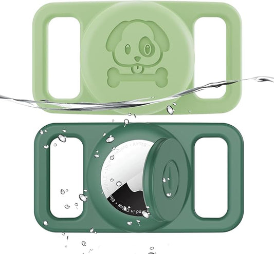 2 Pack Waterproof AirTag Dog Collar Holder Compatible with Apple AirTag, Silicone Hidden Loop Holder for Airtag Tracker, Anti-Lost Dog Collar Air Tag Accessories(Light,Dark Green)-PawvioPets