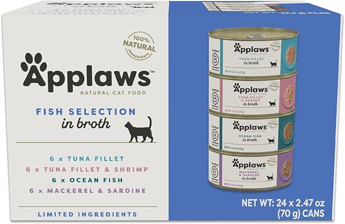 Applaws Natural Wet Canned Cat Food, Made with Limited and Natural Ingredients, Real Protein with No Artificial Additives, Fish Selection Variety Pack in Broth (24 x 2.47oz Cans)-PawvioPets
