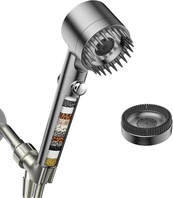 Filtered Shower Head with Handheld, High Pressure Water Flow and Multiple Spray Modes Shower Head with Filter, Power Wash for Hard Water, Showerhead with ON/OFF Switch for Pets Bath (Light Gray)-PawvioPets