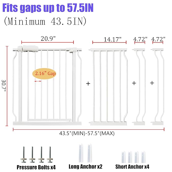 Extra Wide Baby Gate 53-57.5 Inch, Tension Mounted No Drilling, Auto Close Indoor Safety Gate for Stairs & Doorways - Metal Design for Kids and Pets, White-PawvioPets