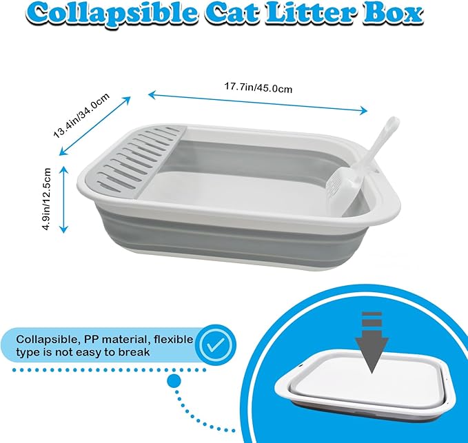 Collapsible Cat Litter Box,Open Potty Pan Cat Toilet Foldable Portable Cats Litter Box Travel Litter with Scoop,Waterproof Low Entrance for Kitten and Cat Toilet Easy Clean 17.7"×13.4"x4.9"(Grey)-PawvioPets